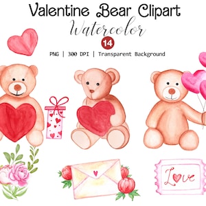Watercolor Valentines Bear Clipart, Unique Valentine Bear Heart Clipart, Lovers Teddy Bear Clipart, Love Bears PNG