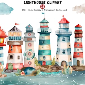 Aquarelle phare des cliparts, des cliparts phare coloré, Png bord de mer, des cliparts côtiers, plage Png, téléchargement immédiat