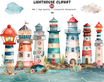 Watercolor Lighthouse Clipart, Colourful Light House Clipart, Seaside Png, Coastal Clipart, Beach Png, Instant Download