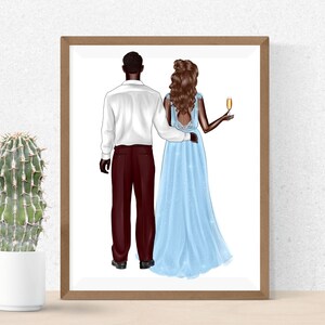 May include: A framed illustration of a couple standing together. The man is wearing a white shirt and maroon pants. The woman is wearing a light blue gown and holding a glass of champagne.