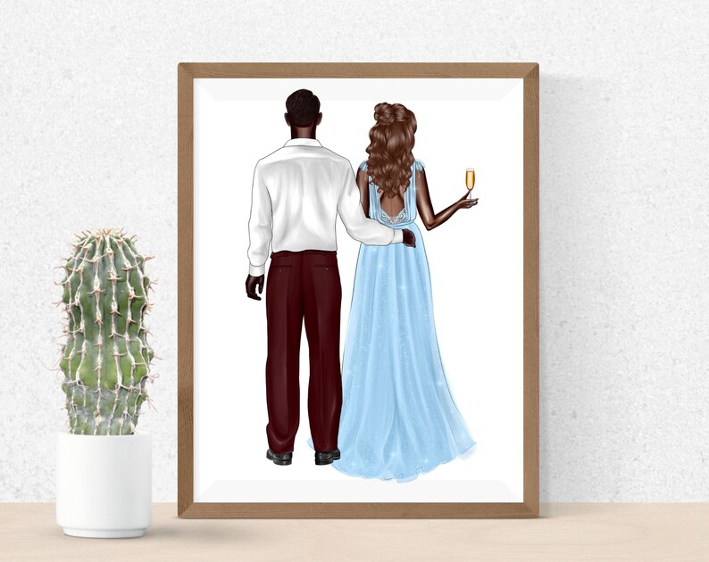 May include: A framed illustration of a couple standing together. The man is wearing a white shirt and maroon pants. The woman is wearing a light blue gown and holding a glass of champagne.