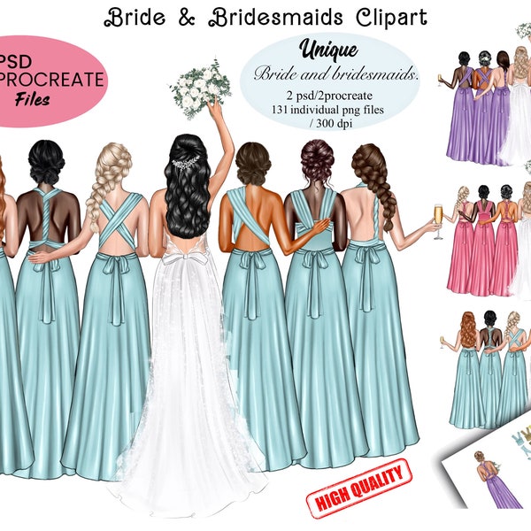 Bride & Bridesmaids Clipart, Unique Wedding Clipart, Maid of honor PNG, Bride Bridesmaids Procreate and PSD Files