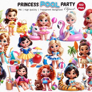 May include: A digital clipart set titled "Princess Pool Party" featuring 12 cartoon princesses in swimwear and beach settings. The princesses are depicted with large eyes and various accessories, including beach balls, floats, and surfboards. The image includes the text "PNG | High Quality | Transparent Background".