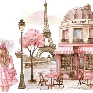 May include: A watercolor illustration of a pink cafe with a striped awning, a pink cherry blossom tree, and the Eiffel Tower in the background. The cafe has a sign that says "CaiePef" and is selling pastries. A woman in a pink dress is walking by.