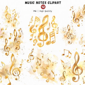 May include: Watercolor clipart featuring gold musical notes and treble clefs. The image includes various musical symbols with a watercolor effect, and the text "MUSIC NOTES CLIPART 12 PNG | High Quality".