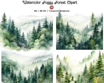 Watercolor Green Forest Clipart, Unique Foggy Forest PNG, Misty Forest Landscape, Foggy Mountains Clipart, Woodland Trees