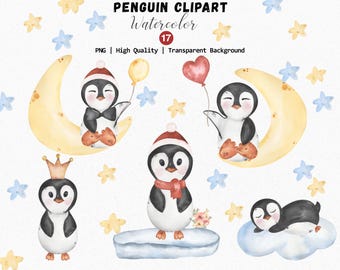Clipart z akwarelowym pingwinem, słodki pingwin w formacie PNG, wyjątkowy clipart z małym pingwinem, pingwin w formacie PNG z okazji urodzin dziecka, wystrój pokoju dziecięcego