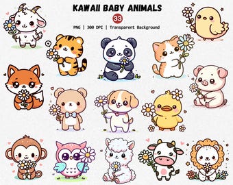 Kawaii babydieren clipart, handgetekende kleurrijke dieren png, schattige baby dieren illustraties, kawaii planner digitale bundel