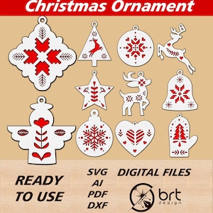 Kerst folklore ornamenten 2 gelaagde Svg lasersnijbestanden, kerstboom Svg Craft hangende boomversieringen, kerstballen