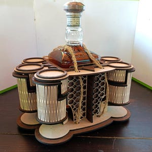 Whiskey Drink Wine Liquor Holder with 6 glass Laset Cut Bottle Box SVG gift DigitalDownload | Mini Bar shots dispenser wooden goft for dad
