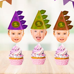 Dinosaur Party Hat Cupcake Topper | Personalized Photo Cupcake Toppers | Party Decorations