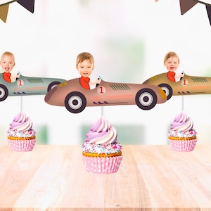 vintage Car Photo Cupcake Toppers | Face Cupcake Toppers | Personalized Vintage Car Cupcake Toppers | Racing Birthday Party Decor