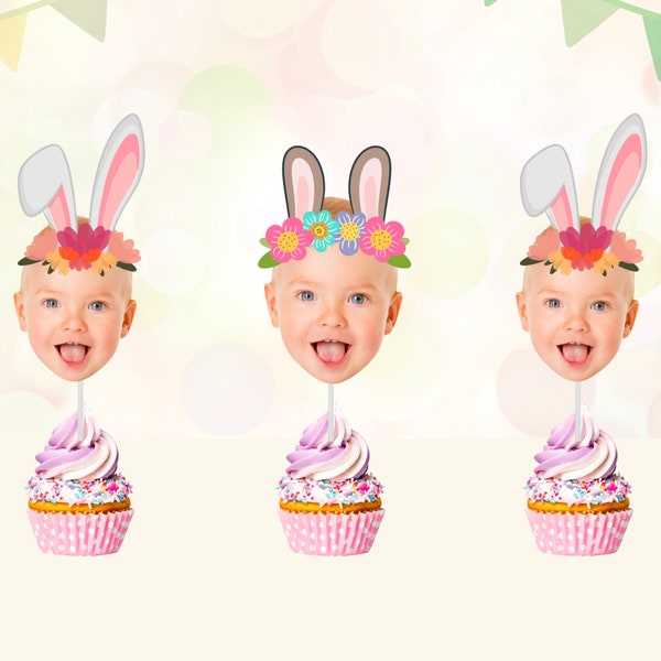 Easter Bunny Ears Custom Face Cupcake Toppers | Easter Bunny Cupcake Toppers | Personalized Photo Cupcake Toppers