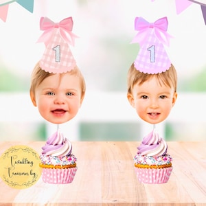 Pink Bow Party Hat Cupcake Toppers | Purple Bow Cupcake Toppers | Personalized Photo Cupcake Toppers | Girls Party | 1st Birthday