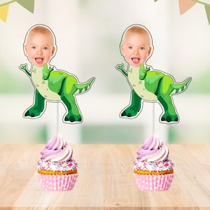 Dinosaur Custom Face Cupcake Toppers | Dinosaur Cupcake Toppers | Personalized Photo Cupcake Toppers | Party Supplies