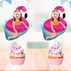 Pool Party Custom Face Cupcake Toppers | Summer Party Cupcake Toppers | Flamingo Float Personalized Photo Cupcake Toppers