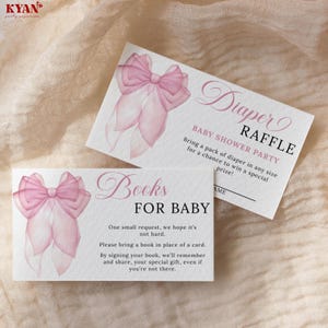 Baby Shower Pink Bow Books For Baby Template Diaper Raffle Coquette Bow Enclosure Card Editable Insert Card Girl Baby Shower Party Favor BS1
