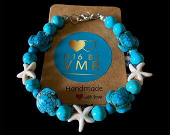 Turquoise Beaded Starfish Turtle Bracelet, Handmade, Ocean, Beach, Seaside, Turtles, Starfish, Jewellery, Boho, Gift, Gift for her