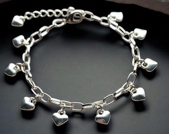 Handmade Silver-Plated Puffy Heart Charm Bracelet, Adjustable