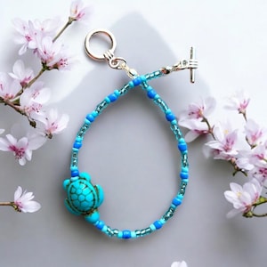 Turquoise Turtle  and Glass Seed Beads Bracelet, Handmade Ocean Jewellery, Beach Summer Boho Style, Silver Plated Toggle Clasp, Gift for Her