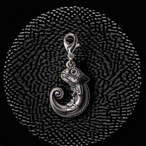 May include: A silver chameleon charm with intricate scale detailing and a curled tail. The charm is attached to a clasp, designed for a bracelet or necklace. The background is black with a white pattern.