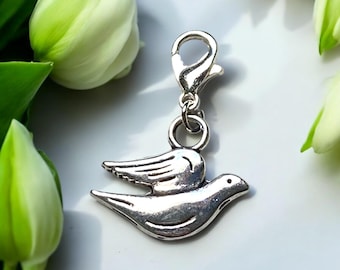 Peace Dove Clip-On Charm for Bracelets, Keyring or bags, Silver Plated Lobster Clasp, Handmade Gift for Her, Friendship Accessory