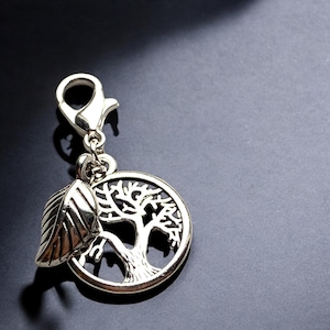 Tree of Life with Leaf Clip-On Charm for Bracelets Keyrings or Bags, Silver Plated Lobster Clasp, Handmade, Gift for Her, Spiritual Gift