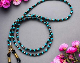 Koperbruine en turkoois glazen ketting, glazen rocailles met zwarte siliconen connectoren, handgemaakt, cadeau voor haar, 27 inch