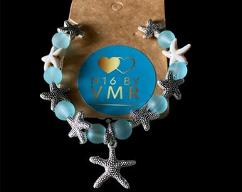 Turquoise Beaded Starfish Charm Bracelet, Handmade, Ocean, Beach, Seaside, Turtles,  Starfish, Jewellery, Boho, Gift, Gift for her