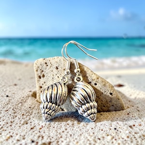 Può includere: Un paio di orecchini a conchiglia color argento con un design dettagliato e strutturato. Gli orecchini sono esposti su una roccia di colore chiaro, con una spiaggia e un oceano sullo sfondo. Hanno una chiusura a gancio.