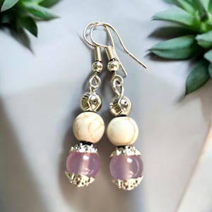 Rose Quartz & White Howlite Earrings, Handmade Crystal Jewellery, Silver-Plated Drop Earrings, Calming Gemstones, Gift for Her
