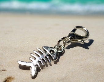 Small Fish Bone Clip-On Charm for Bracelets, Keyrings or Bags, Silver Plated Lobster Clasp, Handmade, Gift for Her, Beach, Ocean Accessory