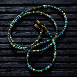 Blue, Green and Bronze Glasses Chain, Glass Seed Beads with Black Silicon Connectors, Handmade, Gift for her, 27inch