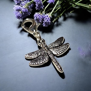 May include: Silver dragonfly charm with a silver lobster clasp. The charm is detailed with textured wings and a long, slender body.