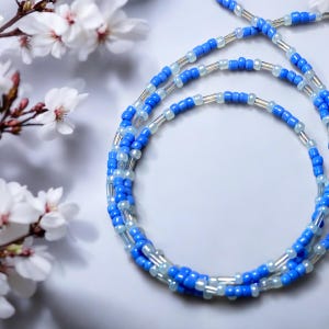 Blue Glasses Chain, Glass Seed Beads, White Silicon Connectors, Handmade, Gift for her, 27inch