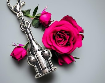 Wine Bottle and Glasses Clip-On Charm | Silver Plated Lobster Clasp | Bracelet, Bag, Keyring