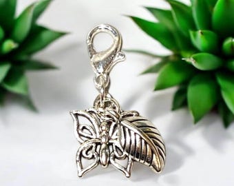 Butterfly & Leaf Clip-On Charm for Bracelet, Keyring or Bags, Silver-Plated Clasp, Handmade Gift for Her, Friendship Accessory