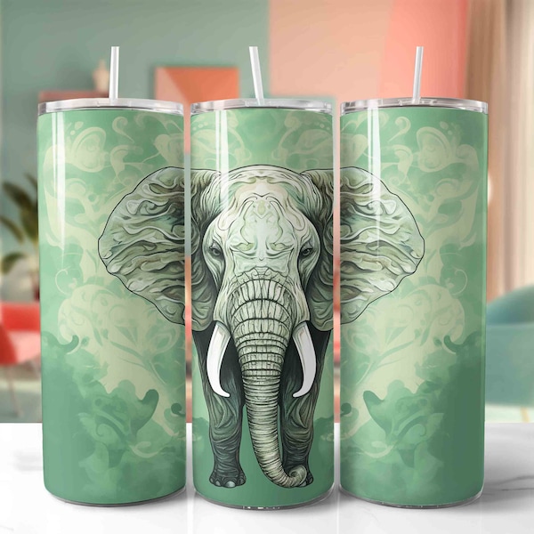 Sage Green Elephant Tumbler Wrap | 20oz & 30oz Sublimation Printing | Straight and Tapered Graphic PNG Design | Digital Download