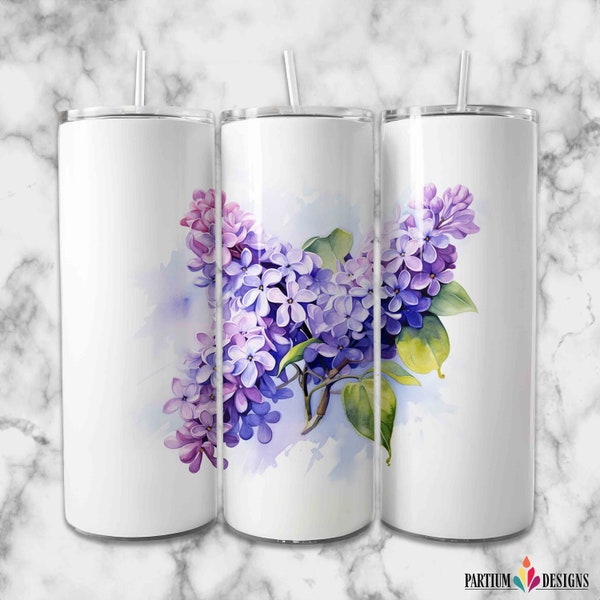 Watercolor Lilac Flowers Tumbler Wrap | 20oz & 30oz Sublimation Printing | Straight and Tapered Graphic PNG Design | Digital Download