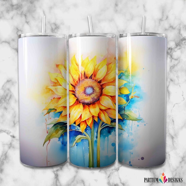 Watercolor Sunflower Tumbler Wrap | 20oz & 30oz Sublimation Printing | Straight and Tapered Graphic PNG Design | Digital Download