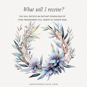 May include: A watercolor wreath with blue and green leaves and flowers. The wreath is perfect for adding a touch of nature to your designs.