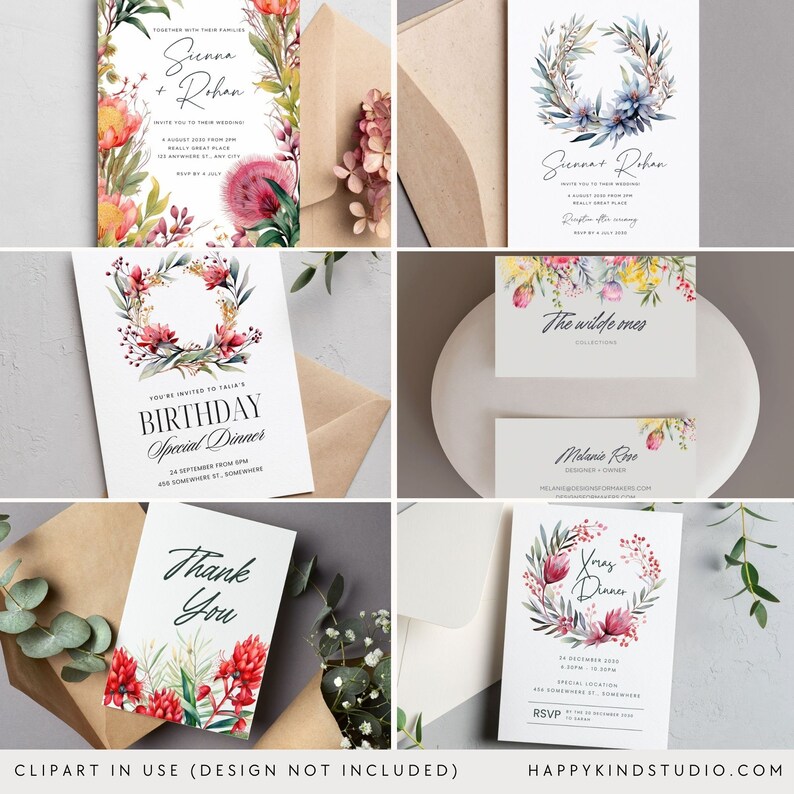 May include: A set of six printable cards featuring watercolor floral wreaths with a red, pink, and yellow color scheme. The cards include a wedding invitation, a birthday dinner invitation, a thank you card, a save the date card, a wedding details card, and a designer information card.