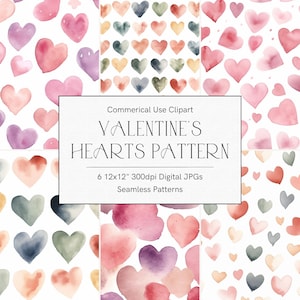 Watercolor hearts seamless pattern, Heart digital paper, Valentine seamless, Valentine clipart, Valentine pattern, Commercial use, Reapeat