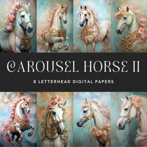 Horse Carousel Digital Paper, Mystical Clipart, Junk Journal Pages, Teal Gold Horse for Nursery, Baby Shower, Carnival and Circus Art 385