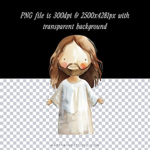 May include: Watercolor illustration of Jesus with long brown hair and a beard, wearing a white robe. He is smiling and has his arms outstretched.
