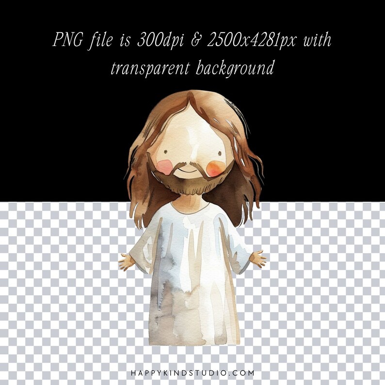 May include: Watercolor illustration of Jesus with long brown hair and a beard, wearing a white robe. He is smiling and has his arms outstretched.