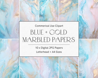 Printable scrapbook paper, Blue marble digital paper pack, Alcohol ink, Swirl pattern, Blue watercolor texture, Gold marbled paper, Paint