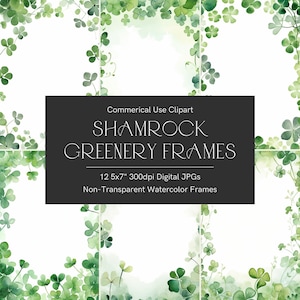 St Patrick's Day Clipart, Aquarell Kleeblätter Clipart, vierblättriges Kleeblatt, Greenery Clipart, 5x7 Einladungsrahmen, vierblättriges Kleeblatt