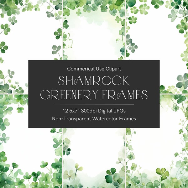 St Patrick's Day clipart, Watercolor shamrocks Irish border clipart, Four leaf clover clipart, Greenery clipart, 5x7 invitation frames