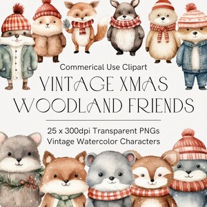 Op de afbeelding: Een set van 25 aquarel illustraties van bosdieren die winterkleding dragen. De dieren omvatten vossen, beren, herten en wasberen. De illustraties zijn in vintage stijl en perfect voor gebruik in digitaal scrapbooken, kaart maken en andere knutselprojecten.